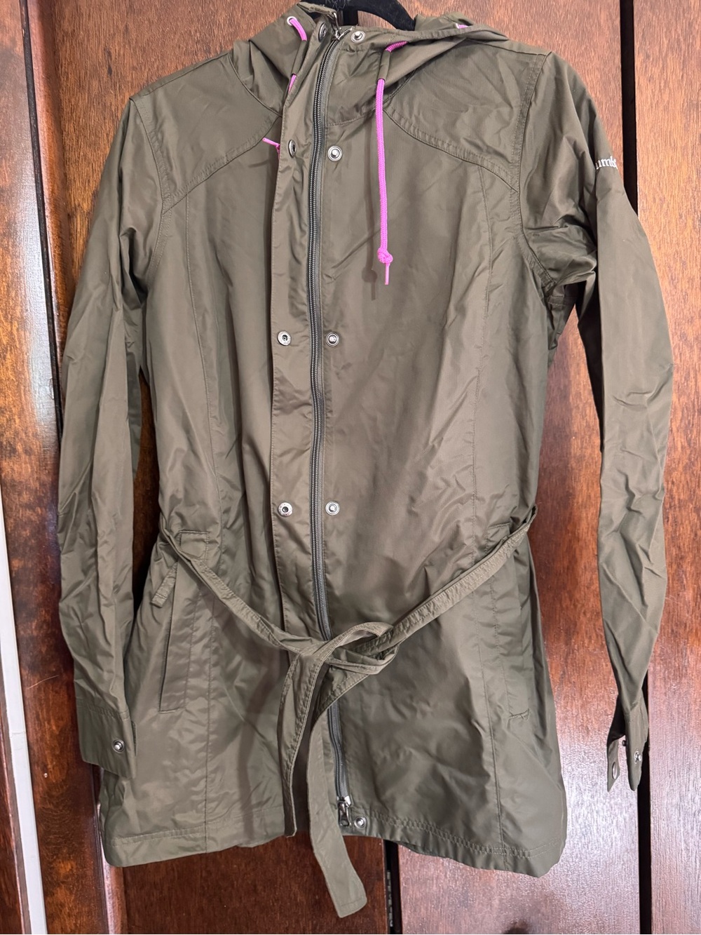 Columbia Olive Green Hooded Belted Trench with Purple Drawcords